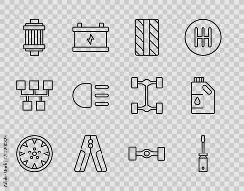 Set line Alloy wheel, Screwdriver, Car tire, battery jumper power cable, air filter, High beam, Chassis car and Canister for motor oil icon. Vector
