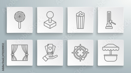 Set line Curtain, Hand holding playing cards, Target sport shooting competition, Attraction carousel, Popcorn cardboard box, High striker attraction with big hammer and Lollipop icon. Vector