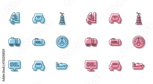 Set line Word oil, Spare wheel in the car, Gas tank for vehicle, Oil tanker ship, storage, Motor gas gauge, railway cistern and  icon. Vector