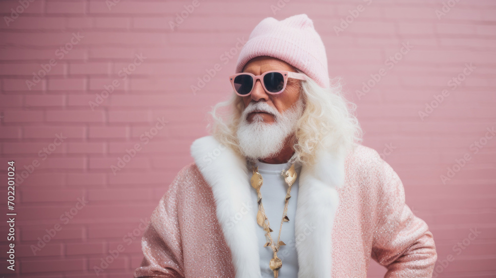 Portrait of senior man with long white beard wearing stylish clothes and sunglasses against pink wall