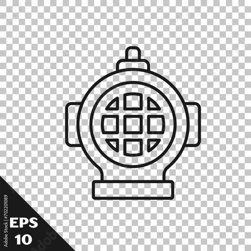 Black line Aqualung icon isolated on transparent background. Diving helmet. Diving underwater equipment.  Vector
