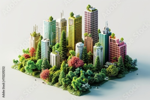 Isometric Urban Jungle with Cartoon Trees and Colorful Skyscrapers, on an Isolated White Background, Generative AI