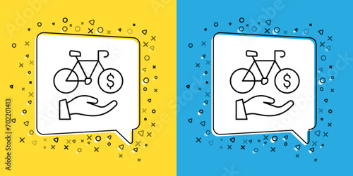 Set line Bicycle rental mobile app icon isolated on yellow and blue background. Smart service for rent bicycles in the city. Mobile app for sharing system.  Vector