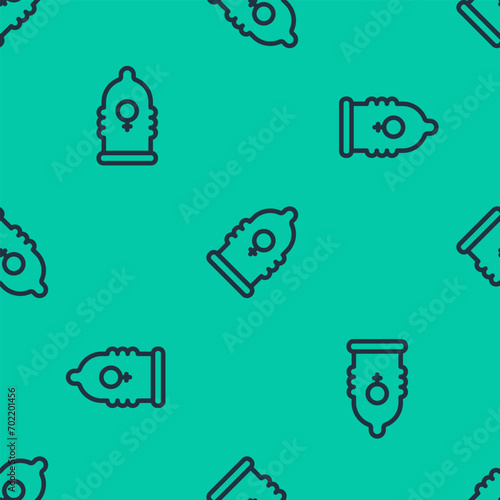 Blue line Condom safe sex icon isolated seamless pattern on green background. Safe love symbol. Contraceptive method for male.  Vector