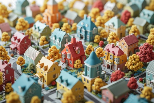 Playful Cartoon Cityscape with Isometric Design, Animated Trees, and Whimsical Details, on a White Background, Generative AI