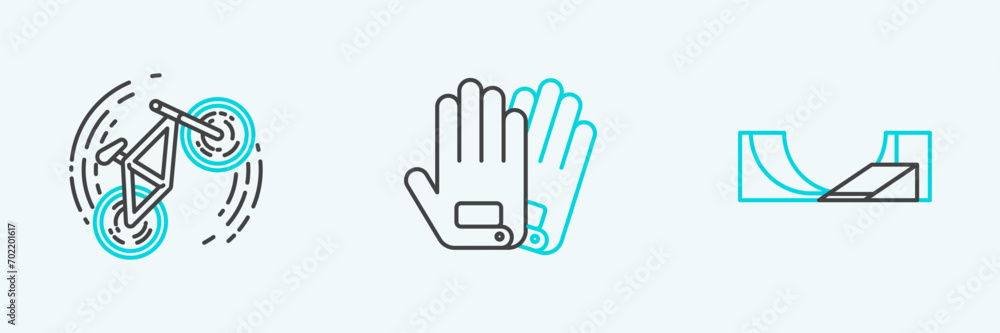 Set line Skate park, Bicycle trick and Gloves icon. Vector Set line Skate park, Bicycle trick and Gloves icon. Vector