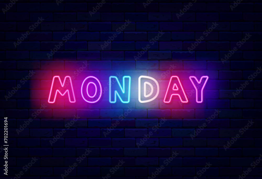 Monday neon word. First day of week. Cyber Monday sale. Colorful handwritten text. Vector stock illustration