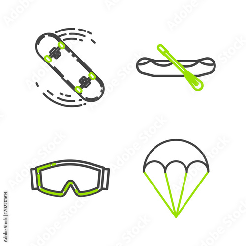 Set line Parachute, Ski goggles, Rafting boat and Skateboard trick icon. Vector