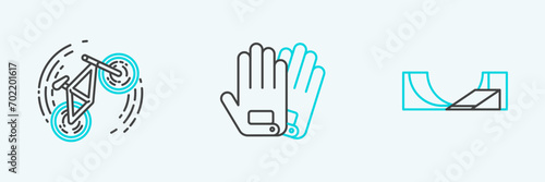 Set line Skate park, Bicycle trick and Gloves icon. Vector