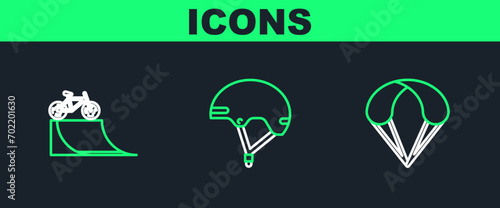 Set line Parachute, Bicycle on street ramp and Helmet icon. Vector