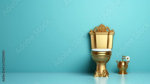golden toilet bowl with gold crown on blue wall background photo