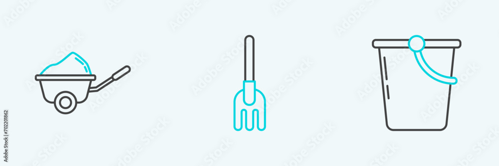 Set line Bucket, Wheelbarrow with dirt and Garden rake icon. Vector Set line Bucket, Wheelbarrow with dirt and Garden rake icon. Vector