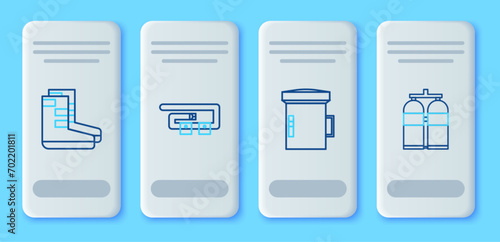 Set line Diving belt, Big flashlight for diver, Boots and Aqualung icon. Vector