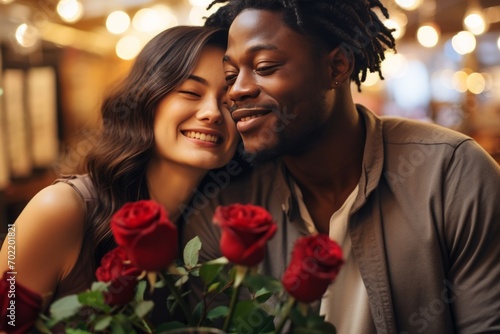 Romantic young interracial couple bonding and smiling while holding roses bouquet together