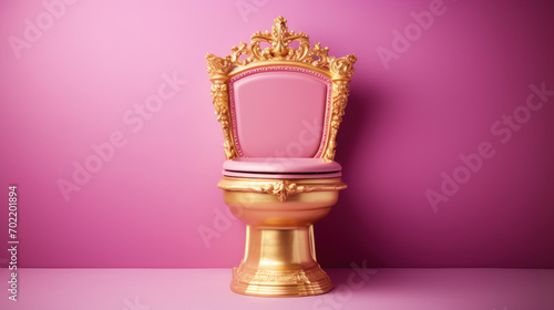 Golden toilet seat with golden crown on pink background. photo