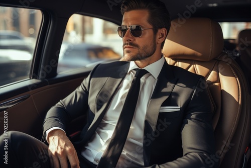 Elegant businessman in formalwear and sunglasses sitting in a luxury car © Kristina
