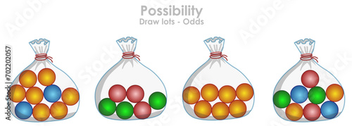 Fraction chance colored balls. Possibility and static. Lots, odds  in bag. Percentiles numbers, visual expression. Conditional possibly. Red blue yellow sphere. Maths lesson illustration vector