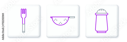 Set line Salt and pepper, Fork and Kitchen colander icon. Vector