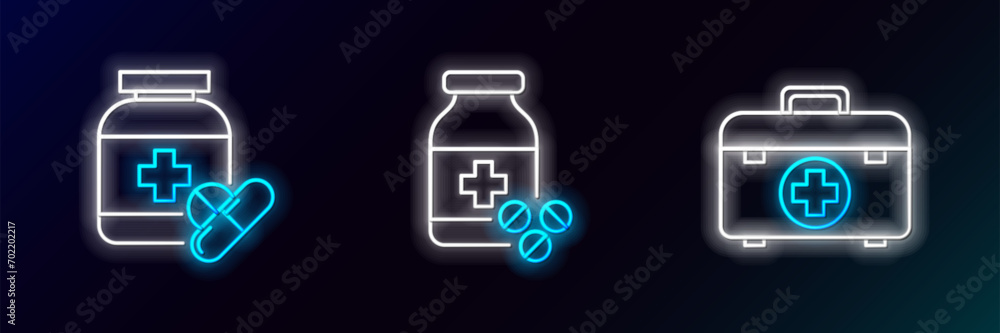 Set line First aid kit, Medicine bottle and pills and icon. Glowing neon. Vector Set line First aid kit, Medicine bottle and pills and icon. Glowing neon. Vector