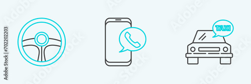 Set line Taxi car, Steering wheel and call telephone service icon. Vector
