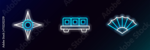 Set line Paper chinese or japanese folding fan, Japanese ninja shuriken and Sushi on cutting board icon. Glowing neon. Vector