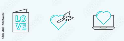 Set line Laptop with heart, Valentines day party flyer and Amour and arrow icon. Vector