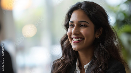 Professional South Asian Indian Business Woman Smiling Candidly During Job Interview, Confident Female Candidate in Office Setting Engaging with Interviewer, Corporate Employment Opportunity