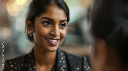 Professional South Asian Indian Business Woman Smiling Candidly During Job Interview, Confident Female Candidate in Office Setting Engaging with Interviewer, Corporate Employment Opportunity