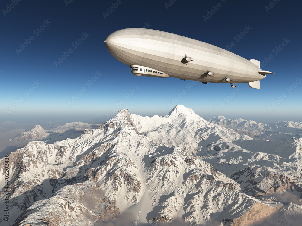 Fototapeta premium Zeppelin über schneebedeckten Bergen