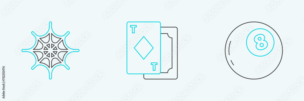 Set line Magic ball of predictions, Spider web and Playing cards icon. Vector Set line Magic ball of predictions, Spider web and Playing cards icon. Vector