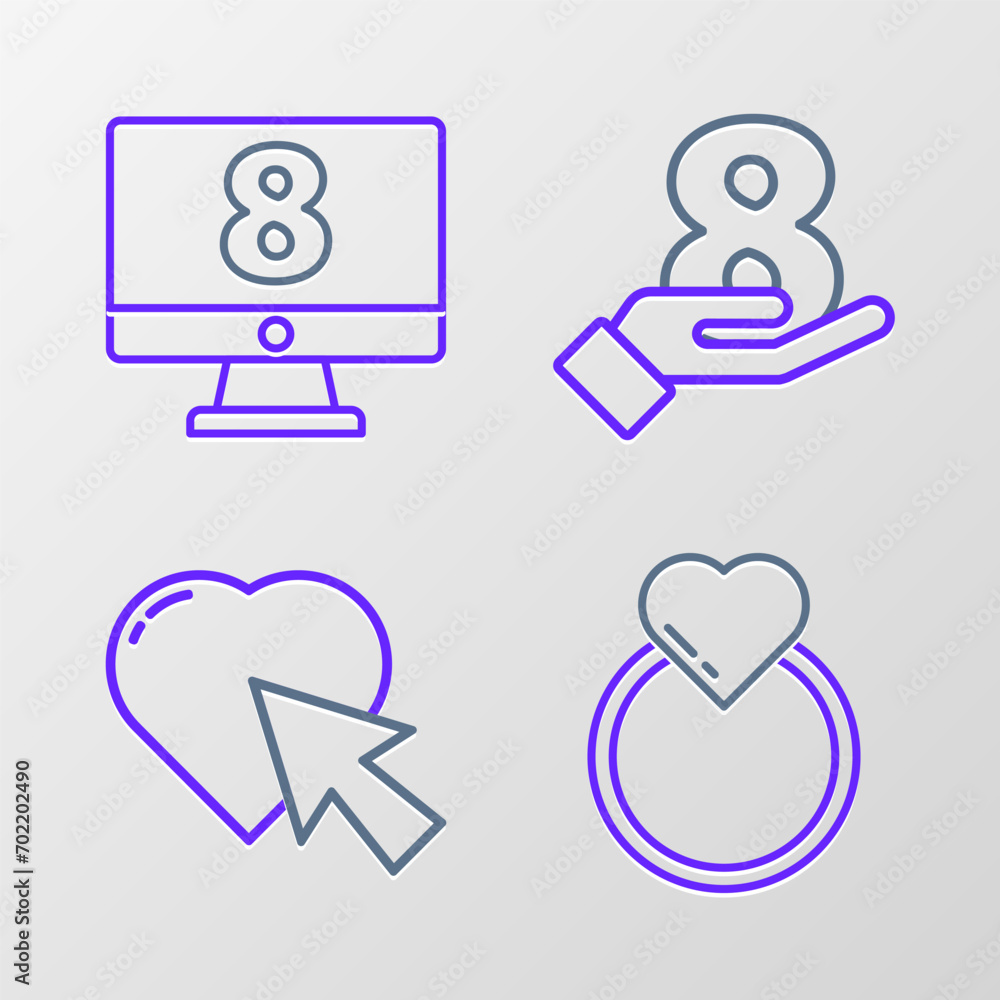 Set line Wedding rings, Heart and cursor click, 8 March on hand and monitore icon. Vector Set line Wedding rings, Heart and cursor click, 8 March on hand and monitore icon. Vector