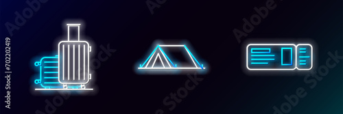 Set line Travel ticket, Suitcase for travel and Tourist tent icon. Glowing neon. Vector