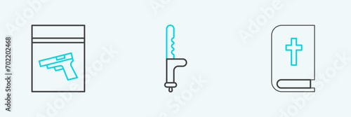 Set line Holy bible book, Evidence bag and pistol or gun and Police rubber baton icon. Vector