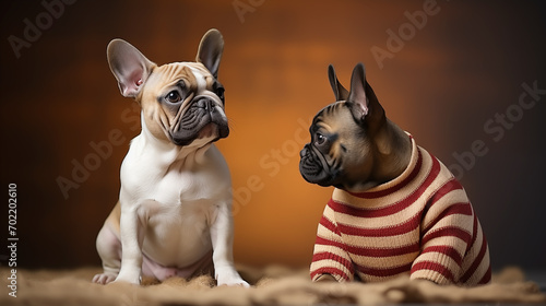 French bulldog and french bulldog sitting on a brown background.