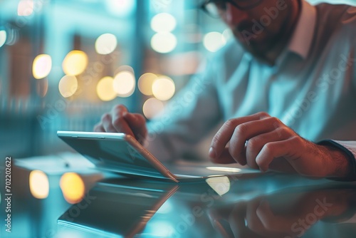 Businessman working on laptop computer in modern office, closeup. Business and technology concept