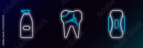 Set line Sanitary napkin, Bottle of liquid antibacterial soap and Broken tooth icon. Glowing neon. Vector