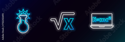 Set line Equation solution, Test tube and flask and Square root of x glyph icon. Glowing neon. Vector photo