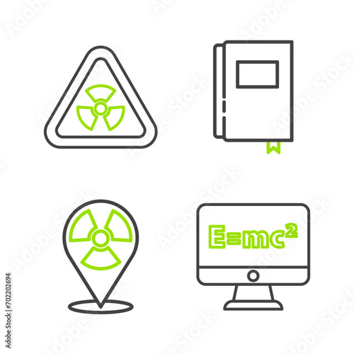 Set line Equation solution, Radioactive in location, Book and Triangle with radiation icon. Vector