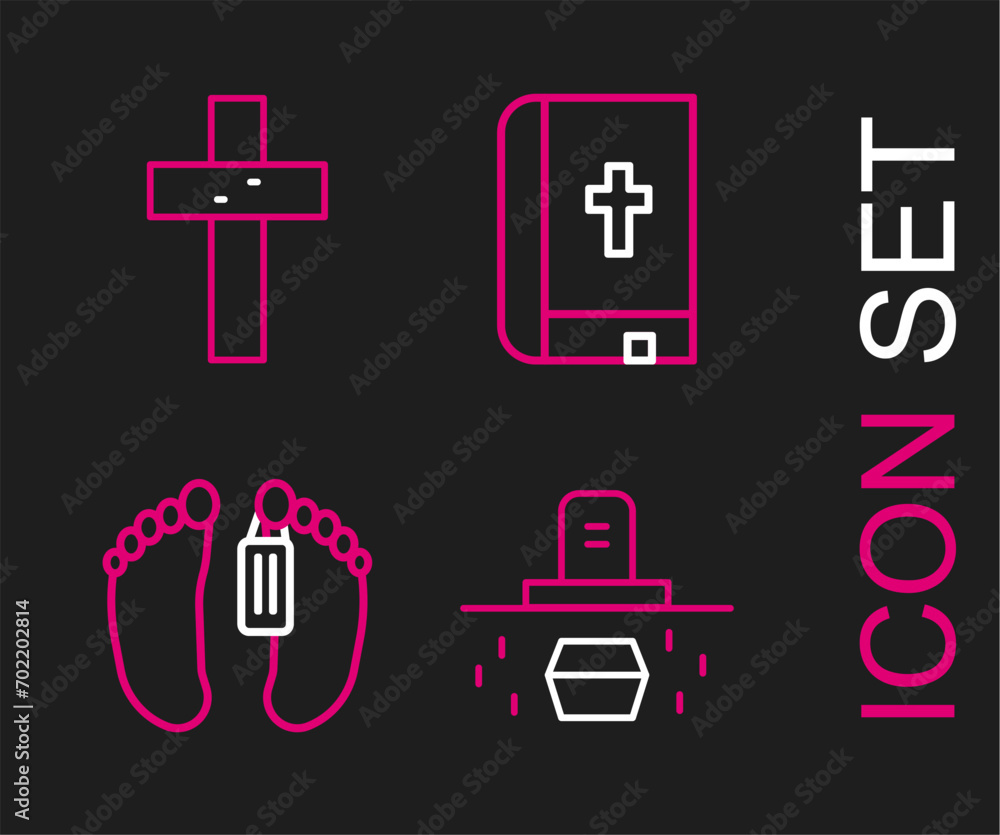 Set line Grave with coffin, Dead body, Holy bible book and Christian cross icon. Vector Set line Grave with coffin, Dead body, Holy bible book and Christian cross icon. Vector