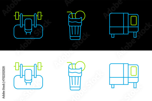 Set line Bed, Bench with barbel and Fresh smoothie icon. Vector