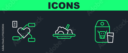 Set line Paper package for milk, Attention to health heart and Healthy food icon. Vector