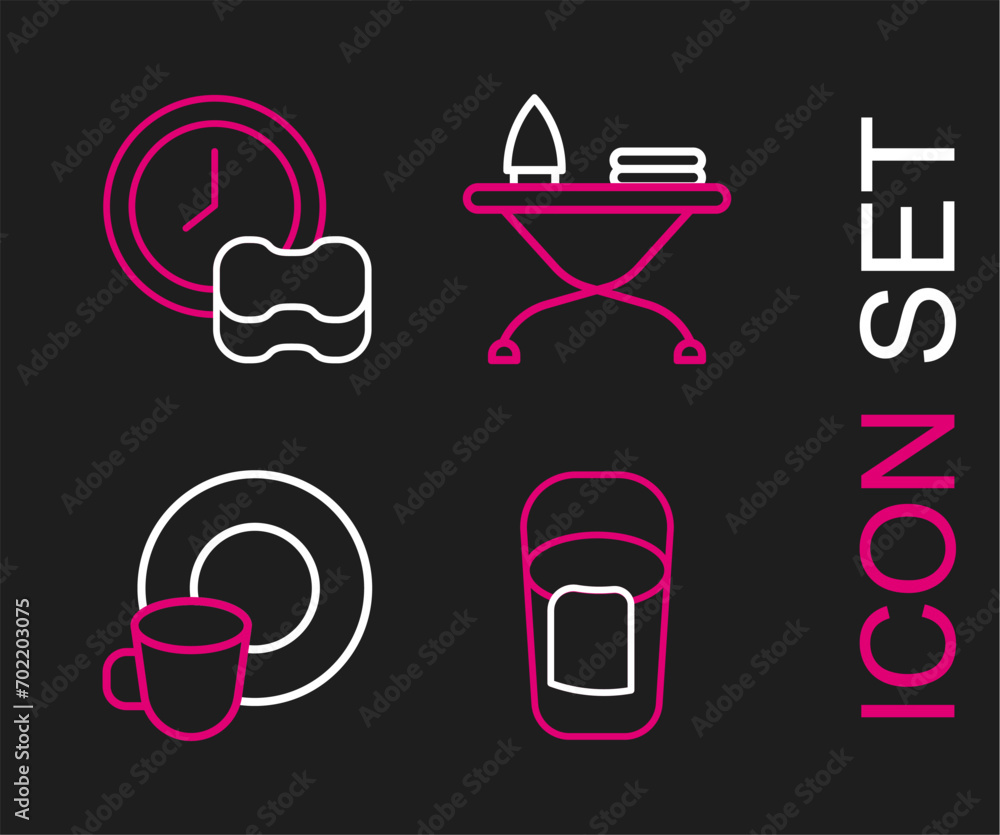 Set line Bucket with rag, Washing dishes, Iron and ironing board and icon. Vector Set line Bucket with rag, Washing dishes, Iron and ironing board and icon. Vector