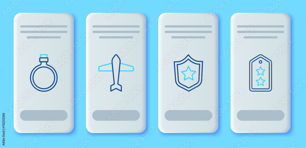 Set line Jet fighter, Military reward medal, Canteen water bottle and rank icon. Vector