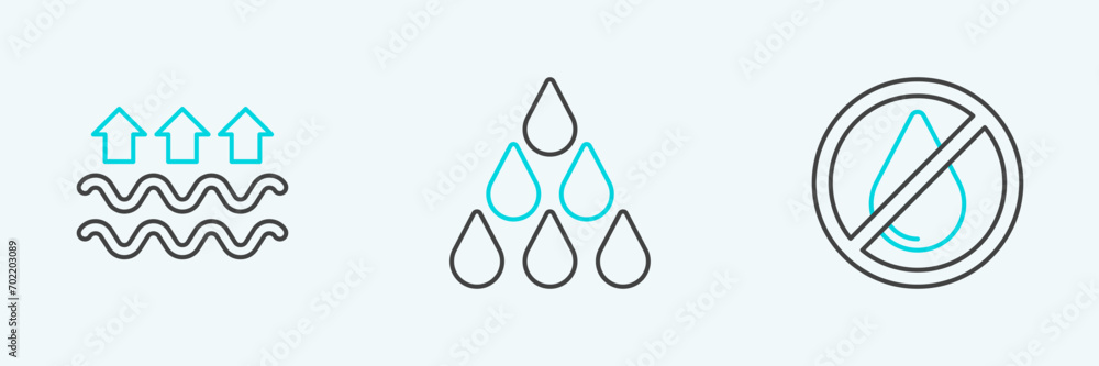 Set line Water drop forbidden, Waves of water and evaporation and icon. Vector Set line Water drop forbidden, Waves of water and evaporation and icon. Vector