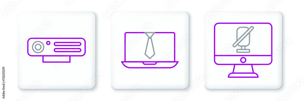 Set line Mute microphone on computer, Web camera and Video chat conference icon. Vector Set line Mute microphone on computer, Web camera and Video chat conference icon. Vector