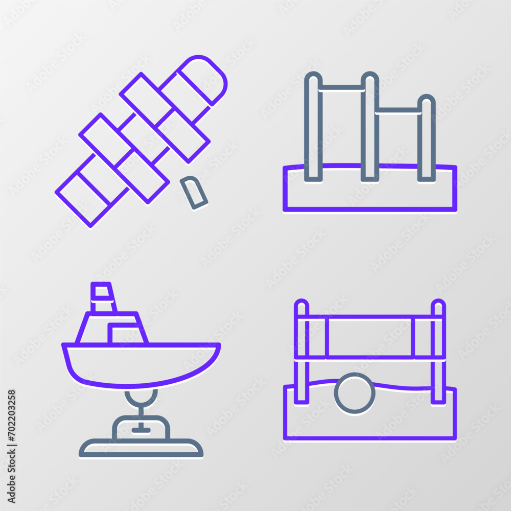 Set line Volleyball net with ball, Swing boat, Horizontal bar and Hopscotch icon. Vector Set line Volleyball net with ball, Swing boat, Horizontal bar and Hopscotch icon. Vector
