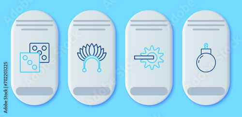 Set line Indian headdress with feathers, Spur, Game dice and Bomb ready to explode icon. Vector