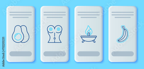 Set line Women waist, Aroma candle, Avocado fruit and Banana icon. Vector