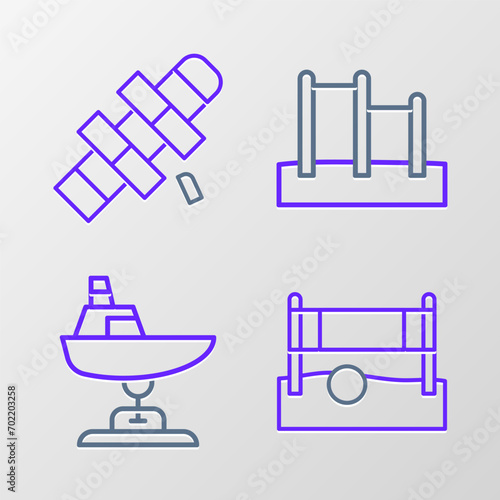 Set line Volleyball net with ball, Swing boat, Horizontal bar and Hopscotch icon. Vector