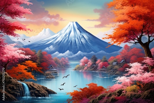 Vulcano Japan nature mountain with autumn leaves and mountain lake in spring. Generative Ai.